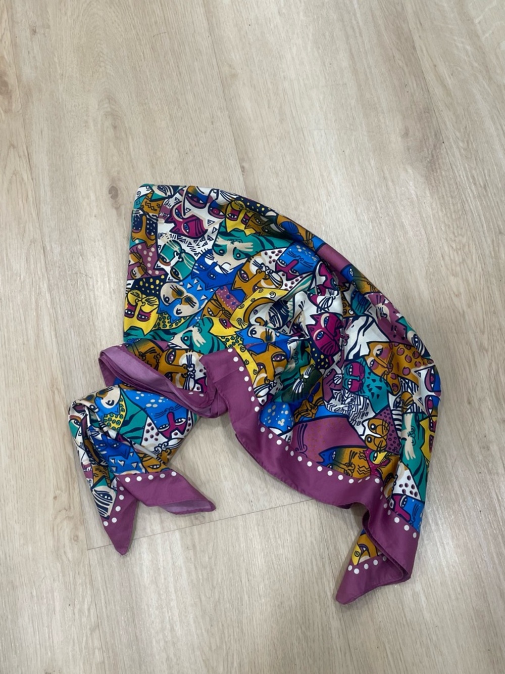 Vintage Azona multicolored silk scarf with an abstract cat design
